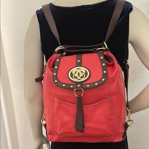 Sharif coral and Brown leather convertible Backpack /shoulder bag Gold Hardware